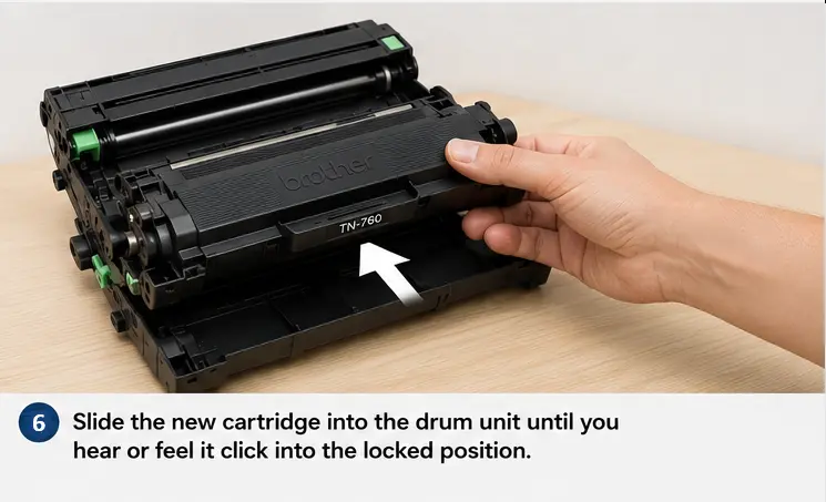 Slide the brother printer new cartridge into the drum unit in lock position